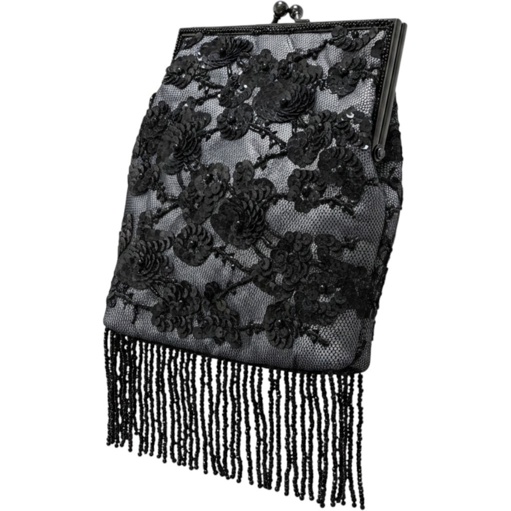 Lancôme Black Sequin Beaded Fringe Crossbody Evening Bag - Y2K/Vintage Style